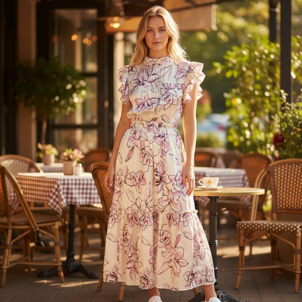Umgee Women's Pink & Purple Floral Pattern Soft Light Midi‎ Dress Size Small